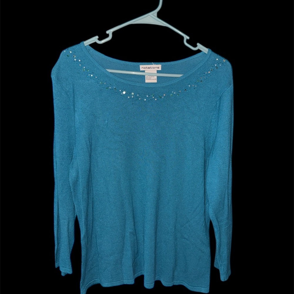 Notations Long Sleeve Beaded Scoop Neck Teal Green Ribbed T-Shirt Top Size Large